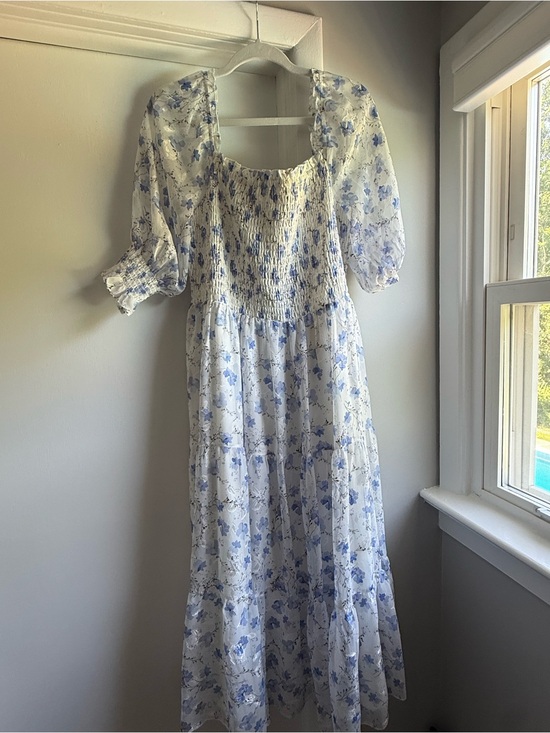 Baltic Born Dresses & Skirts - Baltic Born White Midi Dress with Blue Floral Print Baby Shower Bump Friendly